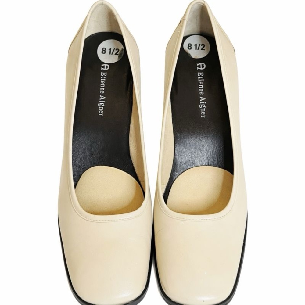 ETIENNE AIGNER Cream Leather Square Toe Block Heel Pumps Women’s Size |8.5 - Picture 2 of 6